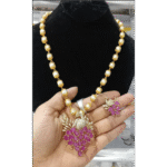 Peacock Design Pearl Beaded Necklace Set with Ruby Stone Pendant & Earrings - Image 3