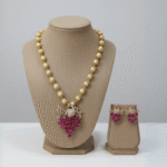 Peacock Design Pearl Beaded Necklace Set with Ruby Stone Pendant & Earrings - Image 2