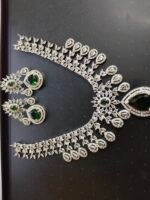 Green Stone American Diamond necklace set with earrings - Image 5